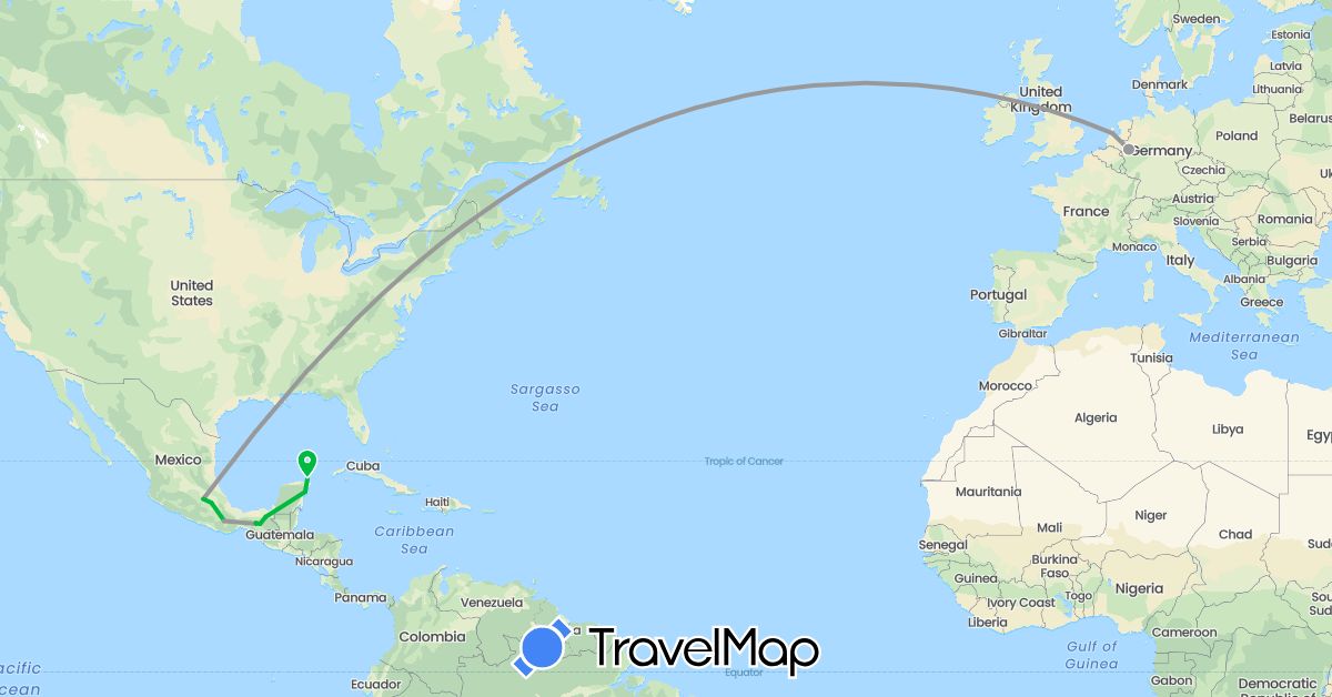 TravelMap itinerary: driving, bus, plane in Germany, Mexico (Europe, North America)